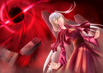 1girl absurdres aranmaho black_hole bow breasts building capelet commentary destruction dress english_commentary grey_eyes grey_hair hair_bobbles hair_ornament highres long_hair multiple_wings one_side_up red_dress shinki_(touhou) smile solo touhou touhou_(pc-98) wings