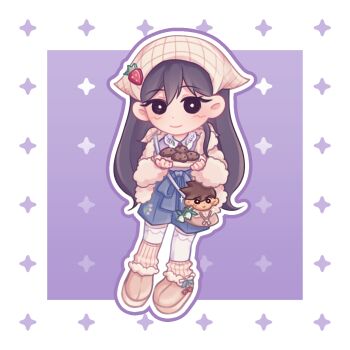 1girl absurdres bag black_eyes black_hair blue_shorts blush border bright_pupils character_doll chibi chibi_only chinese_commentary chocolate_chip_cookie closed_mouth commentary_request cookie deformed doll dot_nose double-parted_bangs food full_body hair_behind_ear hair_between_eyes handbag headscarf hero_(faraway)_(omori) hero_(omori) highres jacket long_hair long_sleeves looking_at_viewer mari_(birthday)_(omori) mari_(faraway)_(omori) mari_(omori) no_sclera official_alternate_costume omori open_clothes open_jacket outside_border rainbrey_0801 shorts simple_background smile solo standing stuffed_toy tareme thighhighs white_border white_headscarf white_jacket white_pupils white_thighhighs