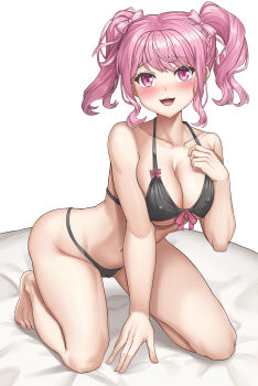 1girl :d absurdres bang_dream! bare_arms bare_legs barefoot bed bikini black_bikini blush bow bow_bikini breasts collarbone commentary_request covered_erect_nipples dot_nose hair_bow hair_intakes highres kneeling looking_at_viewer maruyama_aya medium_breasts navel open_mouth pink_bow pink_eyes pink_hair raised_eyebrows short_hair sidelocks simple_background smile solo swimsuit twintails white_background xdl