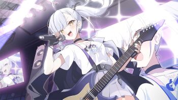 1girl ahoge artist_request asymmetrical_bangs azur_lane belt black_belt black_choker black_gloves black_jacket blush choker collarbone concert ear_piercing electric_guitar fangs fingerless_gloves gloves grey_hair grey_skirt guitar hair_ornament hair_over_one_eye highres holding holding_instrument holding_microphone instrument jacket jacket_on_shoulders long_hair looking_at_viewer microphone multiple_views music non-web_source oceana_(azur_lane) official_art open_mouth piercing playing_instrument pleated_skirt ponytail print_shirt screen shirt short_sleeves side_ponytail singing siren_(azur_lane) skirt solo stage stage_lights t-shirt teeth upper_teeth_only white_shirt yellow_eyes
