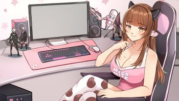 1girl 2b_(nier:automata) 9s_(nier:automata) animal_ear_fluff animal_ears animal_print bare_shoulders blush breasts brown_hair chair cleavage collarbone computer computer_tower cow_ears cow_print cow_print_thighhighs crossed_legs earrings face_piercing figure gaming_chair highres horns indie_virtual_youtuber indoors jewelry jirafuru kitsu_the_cow large_breasts looking_at_viewer mega_milk microphone microphone_stand monitor nail_polish nier_(series) nose_piercing piercing pink_eyes polearm print_thighhighs pyramid_head shiny_skin silent_hill_(series) sitting smile spear swivel_chair table tank_top thighhighs virtual_youtuber weapon