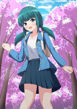 1girl :d backpack bag black_skirt blue_jacket blunt_bangs cherry_blossoms commentary_request day girlfriend_(kari) green_hair hand_up highres jacket kawabuchi_kazumi long_hair looking_at_viewer low_twintails min_uro open_clothes open_jacket open_mouth outdoors sidelocks skirt smile standing tree twintails