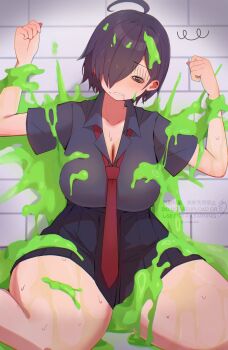 1girl @_@ ahoge alternate_breast_size black_skirt blue_archive breasts cleavage dizzy gehenna_student_(blue_archive) halo highres large_breasts necktie open_mouth piercing pleated_skirt red_necktie shirt short_hair skirt slime_(substance) spiral-only_eyes teeth urur_urare
