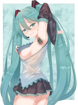 Rule 34 | 1girl, absurdres, armpit hair, armpits, black skirt, black sleeves, blue background, blue eyes, blue hair, blush, breasts, cheeso art, clothes pull, commentary, cowboy shot, detached sleeves, hair between eyes, hair ornament, hatsune miku, highres, long hair, looking at viewer, looking to the side, medium breasts, miniskirt, nipples, no bra, pleated skirt, shirt, shirt pull, sideboob, skirt, sleeveless, sleeveless shirt, solo, twintails, underbutt, variant set, very long hair, vocaloid, white background, white shirt