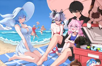 2boys 4girls abby_(wuthering_waves) absurdres ahoge alternate_costume bare_legs barefoot beach beach_towel black_flower black_hair blake_bloom_(wuthering_waves) blue_dress blue_hair blue_sky blush bow breasts camellya_(wuthering_waves) can cartethyia_(wuthering_waves) closed_mouth cloudy_(wuthering_waves) collarbone colored_eyelashes commentary cooler cosmos_(wuthering_waves) covered_navel day dress drink_can earrings encore_(wuthering_waves) english_commentary flower gold_earrings hair_between_eyes hair_bow hair_flower hair_ornament hair_vines hat highres jealous jewelry large_breasts legs long_hair looking_at_another looking_down looking_up lotion male_rover_(wuthering_waves) medium_breasts multiple_boys multiple_girls ocean outdoors pink_bow pink_hair pout purple_eyes remnant_cube_(wuthering_waves) revermam12 rover_(wuthering_waves) shore shorekeeper_(wuthering_waves) short_hair short_twintails sitting sky sleeveless sleeveless_dress smile strap_slip sunscreen thighs towel twintails wariza white_hat wuthering_waves yellow_eyes
