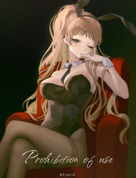 1girl animal_ears armpits bare_arms bare_shoulders black_hairband black_leotard breasts brown_eyes brown_hair brown_pantyhose chair commission crossed_legs detached_collar ear_piercing fake_animal_ears finger_to_mouth fymrie hairband hand_up large_breasts leotard long_hair looking_at_viewer mole mole_under_eye necktie one_eye_closed original pantyhose piercing playboy_bunny ponytail rabbit_ears short_necktie sitting solo strapless strapless_leotard thighband_pantyhose thighs wrist_cuffs