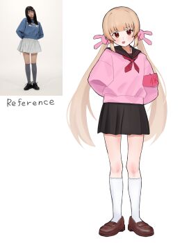 1girl :p absurdres armband black_sailor_collar black_skirt blonde_hair brown_shoes full_body hair_ornament hashtag-only_commentary highres kneehighs loafers long_hair miniskirt natori_sana natori_sana_(school_uniform) neckerchief okaki8130 photo-referenced photo_inset pink_armband pink_sweater pleated_skirt rabbit_hair_ornament red_eyes red_neckerchief reference_inset sailor_collar sana_channel shoes simple_background skirt socks solo standing sweater tongue tongue_out twintails very_long_hair virtual_youtuber white_background white_socks