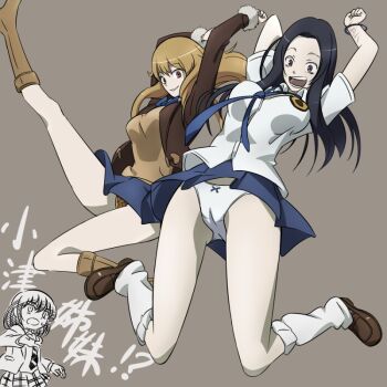 Rule 34 | 3girls, animal print, arms up, black hair, blue neckwear, blue skirt, boots, bow, bowtie, bracelet, brown eyes, brown footwear, cameltoe, coat, coppelion, full body, grey background, jewelry, jumping, leopard print, loafers, long hair, loose socks, m o (prftz), miniskirt, multiple girls, naruse ibara, necktie, open mouth, ozu kanon, ozu shion, pale skin, panties, pantyshot, pleated skirt, scar, school uniform, shirt, shoes, short sleeves, simple background, skirt, smile, socks, sweater vest, translated, underwear, white panties, white shirt