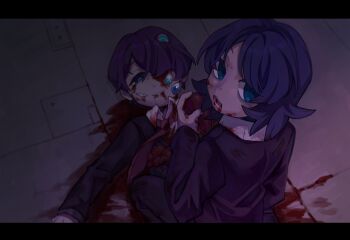 1boy 1girl black_jacket black_pants blood blood_on_clothes blood_on_face blue_eyes blue_hair cannibalism chinese_commentary commentary_request employee_(project_moon) extra_eyes extra_mouth guro hair_over_one_eye heart_(organ) highres holding intestines jacket letterboxed lobotomy_corporation long_sleeves looking_back necktie nugget_(project_moon) open_mouth pants project_moon purple_hair red_necktie shirt short_hair smile tesna white_shirt