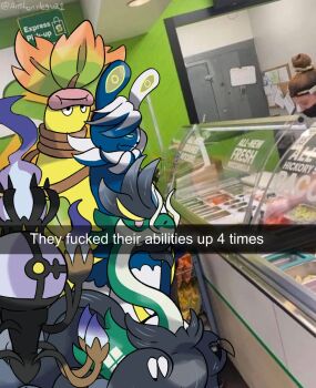 Rule 34 | anthonylegua1, aqua sclera, aqua skin, arched crown, black eyes, black fur, blue fur, cat, chandelier, chandelure, claws, closed mouth, colored sclera, colored skin, crown, dragon, drampa, facial hair, fire, forked tail, gameplay mechanics, gen 1 pokemon, gen 5 pokemon, gen 6 pokemon, gen 7 pokemon, ghost, goatee, hair between eyes, highres, humiliation, leaf, long mustache, long neck, mega chandelure, mega drampa, mega meowstic, mega pokemon, mega victreebel, meme, meowstic, mustache, nintendo, no humans, nostrils, photo background, pink eyes, pink lips, plant, plant monster, pokemon, pokemon (creature), pokemon champions, pokemon focus, pun, purple fire, split-color fur, spotted skin, subway (company), tail, v-shaped eyebrows, victreebel, vines, white fur, yellow eyes, yellow skin