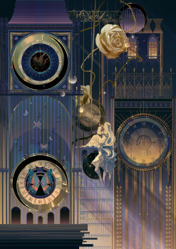 1girl absurdres arknights black_ribbon blonde_hair blowing_bubbles blue_butterfly blue_eyes blush bubble bug butterfly clock clock_tower demon_girl demon_horns dress flower hat highres horns insect long_hair long_sleeves looking_up lubusi nightingale_(arknights) pendulum pendulum_clock profile railing ribbon rose sitting socks solo thorns tower very_long_hair white_dress white_flower white_hat white_rose white_socks wide_shot