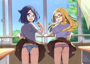 2girls absurdres ass bespectacled blonde_hair blue_eyes blue_hair blue_panties braid brown_skirt classroom clothes_lift commentary_request d: from_behind glasses green_eyes hair_ornament hairclip highres indoors liko_(pokemon) lillie_(pokemon) lingerie long_hair looking_at_viewer looking_back multiple_girls negimiso1989 nintendo open_mouth open_window panties pink_panties pleated_skirt pokemon red-framed_eyewear school_uniform shirt short_hair short_sleeves side_braids skirt skirt_lift standing underwear white_shirt wind wind_lift window
