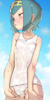1girl adjusting_clothes adjusting_swimsuit blue_eyes blue_hair blue_sky breasts highres lana_(pokemon) loli looking_to_the_side nintendo no_sclera old_school_swimsuit one-piece_swimsuit pokemon pokemon_sun_and_moon school_swimsuit short_hair sky small_breasts solo soon_(c-u-soon) swimsuit upper_body white_one-piece_swimsuit