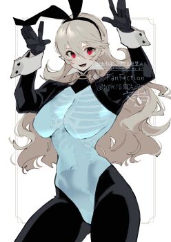 1girl animal_ear_hairband animal_ears arms_up black_gloves black_hairband black_hiphighs black_shrug bone breasts collar collared_shrug commentary_request cropped_legs crotchless english_text fake_animal_ears female_corrin_(fire_emblem) fire_emblem fire_emblem_fates frontless_outfit gloves hair_between_eyes hairband highres hiphighs large_breasts long_hair monster_girl negiwo nintendo pelvis pointy_ears rabbit_ear_hairband rabbit_ears red_eyes revealing_clothes reverse_bunnysuit reverse_outfit ribs see-through_body shrug_(clothing) signature skeleton sleeve_cuffs solo spine translation_request twitter_username watermark white_background white_hair