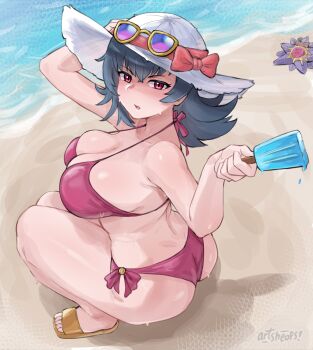 1girl absurdres artsheops ass beach bikini black_hair breasts cleavage commentary english_commentary eyewear_on_headwear food gen_1_pokemon hat highres looking_at_viewer medium_hair nintendo open_mouth pink_bikini pink_eyes pokemon pokemon_heartgold_and_soulsilver popsicle sabrina_(pokemon) sandals squatting starmie sunglasses swimsuit white_hat yellow_sandals