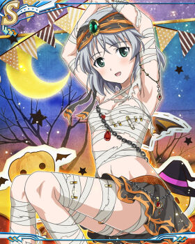 1girl arabian_clothes arms_up artist_request blush chain gem green_eyes halloween halloween_costume jack-o&#039;-lantern looking_at_viewer moon mummy_costume official_art open_mouth outdoors sanya_v._litvyak short_hair sitting skirt solo star_(sky) strike_witches tree white_hair world_witches_series