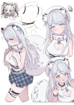 1girl :t @_@ absurdres bare_arms bare_shoulders belt blue_eyes blue_skirt blush bra_strap breasts claw_pose cleavage cleavage_cutout clothing_cutout collar crop_top cropped_legs extra_ears hair_ornament hairclip hands_up hat heart heart_cutout heart_in_eye heart_o-ring high-waist_skirt highres holding holding_own_hair indie_virtual_youtuber karya large_breasts long_hair looking_at_viewer loose_belt midriff mole mole_under_eye multiple_views o-ring open_mouth plaid_clothes plaid_skirt pout ren_kohaku_(vtuber) ribbed_shirt second-party_source shirt skirt sleeveless sleeveless_shirt smile snow_leopard_ears snow_leopard_girl snow_leopard_tail squiggle sweat symbol_in_eye tail_raised thigh_strap thighs unmoving_pattern virtual_youtuber white_collar white_hair white_hat white_shirt