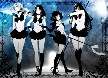 1990s_(style) 4girls bishoujo_senshi_sailor_moon black_hair blue_background blue_eyes boots breasts female_focus full_body garnet_rod glaive_(polearm) green_eyes high_contrast holding holding_polearm holding_spear holding_weapon iwamoto_eiri kaiou_michiru large_breasts long_hair meiou_setsuna monochrome multiple_girls outer_senshi polearm purple_eyes red_eyes retro_artstyle sailor_neptune sailor_pluto sailor_saturn sailor_senshi sailor_uranus short_hair silence_glaive skirt spear ten&#039;ou_haruka tomoe_hotaru walking weapon white_hair