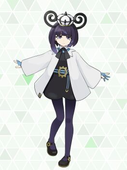 1girl belt belt_buckle black_dress black_shoes blue_gloves blunt_bangs bob_cut buckle closed_mouth coat dress eyelashes full_body gloves gwynn_(pokemon) hat highres long_sleeves looking_at_viewer mega_stone nintendo o-ring o-ring_belt open_clothes open_coat pantyhose partially_fingerless_gloves pokemon pokemon_legends:_z-a pucipumpkin purple_eyes purple_hair purple_pantyhose shoes short_hair solo triangle_background white_coat white_hat wide_sleeves