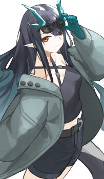 1girl absurdres alternate_costume arknights black_hair colored_skin dragon_girl dragon_horns dragon_tail dusk_(arknights) green_hands green_horns green_skin hair_over_one_eye highres horns long_hair looking_at_viewer multicolored_hair pointy_ears red_eyes solo streaked_hair tail yagi000