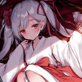 Rule 34 | 1girl, blush, bow, card, character request, check character, check copyright, commentary request, copyright request, hair ribbon, highres, holding, holding card, indoors, japanese clothes, ke-ta, kimono, knees to chest, light blush, long hair, looking at viewer, lying, original, parted bangs, parted lips, portrait, red background, red bow, red eyes, red ribbon, ribbon, sidelocks, simple background, sitting, sleeves past wrists, twintails, white hair, white kimono, wide sleeves