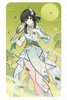 1girl black_hair china_dress chinese_clothes chinese_text closed_mouth dress english_text flower genius_invokation_tcg_(style) green_background green_eyes hair_flower hair_ornament hand_fan highres holding holding_fan looking_at_viewer mixed-language_text original saintcube2 smile solo tassel tuanshan vision_(genshin_impact) white_dress