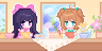 2girls anmian_ruomeng antenna_hair blunt_bangs blush_stickers bow bowl bowtie butter cardcaptor_sakura chibi child chinese_commentary commentary_request cooking daidouji_tomoyo daidouji_tomoyo_(chef:_tomoyo) dress ferret flower food green_bow green_bowtie green_dress green_eyes hair_bow hair_intakes hair_tie happy highres hime_cut holding holding_bowl indoors kero_(cardcaptor_sakura) kinomoto_sakura kinomoto_sakura_(shopgirl:_mint) large_bow long_hair medium_hair multiple_girls no_mouth picture_frame pink_bow pink_dress pink_flower pink_hair purple_eyes purple_hair short_dress short_sleeves standing straight_hair table two_side_up vase very_long_hair winged_animal