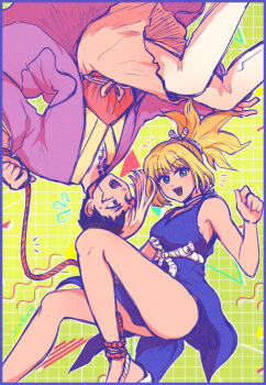 1boy 1girl asagiri_gen black_hair blonde_hair blue_dress blue_eyes border danbingkelp dr._stone dress flying_sweatdrops grid_background high_ponytail holding japanese_clothes kimono kohaku_(dr._stone) looking_at_viewer multicolored_hair open_mouth ponytail rope sash sleeveless sleeveless_dress smile split-color_hair two-tone_hair upside-down white_hair