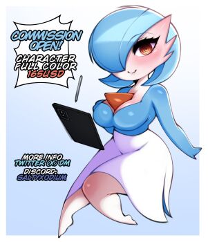 1girl absurdres alternate_color artist_name blue_background blue_hair blue_skin blue_theme blush bob_cut border breasts chibi cleavage closed_mouth colored_skin discord_username drawing_tablet ear_blush english_text female_focus floating floating_object full_body gardevoir gen_3_pokemon gradient_background hair_over_one_eye hand_up happy highres knees_together_feet_apart large_breasts looking_at_viewer multicolored_skin nintendo one_eye_covered orange_eyes pokemon pokemon_(creature) ringed_eyes saltyxodium shiny_pokemon short_hair simple_background smile solo stylus twitter_username two-tone_skin white_border white_skin wide_hips
