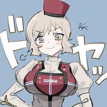 1girl blonde_hair blue_background breasts commentary_request cross grey_hair hands_on_own_hips hat kantai_collection large_breasts looking_at_viewer norge_(kancolle) puff_of_air r-king red_hat short_hair signature smug solo upper_body v-shaped_eyebrows