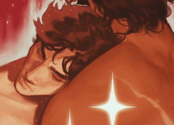 2boys arcane:_league_of_legends arcane_survivor_jayce arcanegold brown_hair closed_eyes closed_mouth commentary english_commentary eyelashes head_on_another's_shoulder jayce_(league_of_legends) league_of_legends male_focus multiple_boys nude short_hair thick_eyebrows viktor_(arcane) viktor_(league_of_legends) yaoi