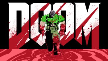 1boy absurdres armor blood blood_drip blood_on_clothes blood_on_ground blood_on_hands blue_visor commentary copyright_logo deputy_rust doom_(series) doomguy english_commentary facing_viewer green_armor helmet highres logo muscular muscular_male walking