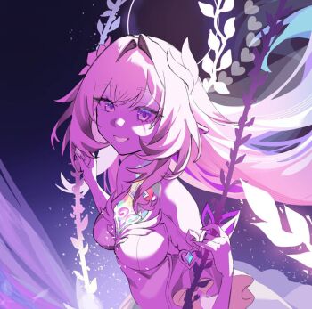 Rule 34 | 1girl, aqua hair, breasts, commentary, cyrene (demiurge) (honkai: star rail), cyrene (honkai: star rail), dress, halo, highres, honkai: star rail, honkai (series), long hair, looking at viewer, maomavika, medium breasts, multicolored hair, on swing, pink hair, pointy ears, smile, solo, swing, untranslatable commentary, very long hair, white dress, white hair