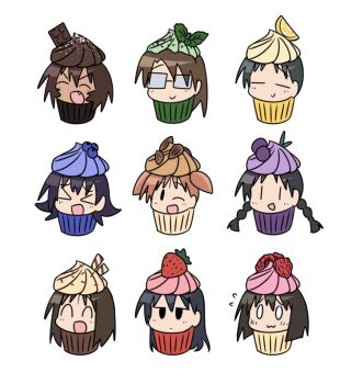 Rule 34 | > <, 6+girls, :3, = =, almond, azumanga daiou, black hair, blueberry, braid, brown hair, candy, chihiro (azumanga daioh), chocolate, chocolate bar, chocolate sprinkles, closed eyes, cupcake, expressionless, fang, farhan melukis, food, fruit, glasses, grapes, happy, head only, icing, kagura (azumanga daioh), kaori (azumanga daioh), kasuga ayumu, lemon, long hair, mihama chiyo, mizuhara koyomi, multiple girls, one eye closed, rachel handlebarz, raspberry, sakaki (azumanga daioh), short hair, short twintails, simple background, smile, spiked hair, strawberry, takino tomo, twin braids, twintails, vanilla icing, wafer stick, white background