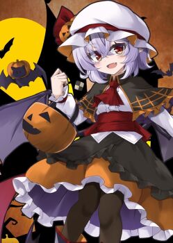 1girl :d akisome_hatsuka ascot bat_wings black_capelet black_pantyhose black_skirt bucket capelet castle cellphone center_frills checkerboard_cookie commentary_request cookie cowboy_shot crossed_bangs fang food frilled_skirt frills hair_between_eyes halloween halloween_bucket hat hat_ribbon holding holding_bucket layered_skirt long_sleeves looking_at_viewer open_mouth orange_skirt pantyhose phone pointy_ears pumpkin_hat_ornament purple_hair red_ascot red_eyes red_ribbon red_sash remilia_scarlet ribbon sash shirt short_hair skirt smile solo touhou white_hat white_shirt wings