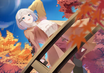 1girl absurdres arm_up autumn_leaves breasts brown_coat coat commentary_request grey_hair hair_ornament hairclip highres leaf looking_at_viewer maple_leaf open_mouth parallel_hairclips red_skirt siesta_(tantei_wa_mou_shindeiru) skirt smile solo sweater tantei_wa_mou_shindeiru white_sweater x_hair_ornament yumeyume_(uenx8487)