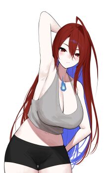 1girl ahoge arm_up armpits bike_shorts blue_fire breasts cleavage closed_mouth elizabeth_rose_bloodflame fire highres hololive hololive_english huge_ahoge large_breasts long_hair looking_at_viewer midriff miyou presenting_own_armpit red_eyes red_hair simple_background tank_top very_long_hair white_background