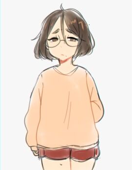 brown_eyes brown_hair creator_(neneneqo) glasses neqo_(neneneqo) short_hair shorts simple_background sweater tagme white_background