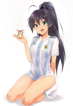 1girl :d animal antenna_hair argentinian_flag argentinian_flag_print arm_behind_back black_hair blue_eyes bottomless breasts collarbone fang female_focus flag_print ganaha_hibiki hair_between_eyes hamster hand_up highres idolmaster idolmaster_(classic) kaiga kneeling long_hair looking_at_viewer medium_breasts no_panties no_pants open_mouth ponytail shadow shirt simple_background smile soccer soccer_uniform socks solo sportswear striped_clothes striped_shirt vertical-striped_clothes vertical-striped_shirt very_long_hair white_socks world_cup