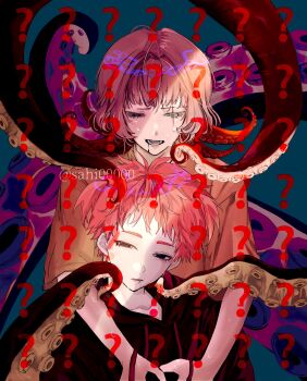 1boy 1girl ? ?? black_eyes blood blood_from_mouth blue_background brown_hair choppy_bangs commentary_request crying crying_with_eyes_open fainting half-closed_eyes heterochromia highres hood hood_down hoodie hug hug_from_behind looking_at_another looking_at_viewer open_mouth orange_shirt original red_hair red_hoodie sahi00000 scar scar_across_eye scar_on_face shirt short_hair short_sleeves tears tentacle_girl tentacles yellow_eyes