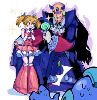 1girl 2boys :d ^^^ alternate_costume armored_boots bare_shoulders blonde_hair boots candy character_request commentary_request dress facial_mark food gloves green_eyes halloween_roll halloween_sigma happy highres holding holding_candy holding_food holding_lollipop holding_wand horns in-franchise_crossover koshianpancake lollipop long_hair magical_girl mechanical_boots mega_man_(character) mega_man_(classic) mega_man_(series) mega_man_x_(series) mega_man_x_dive miniskirt multiple_boys official_alternate_costume open_mouth pink_dress pink_ribbon ribbon roll_(mega_man) sidelocks sigma_(mega_man) skirt smile sparkle twintails wand white_gloves white_ribbon