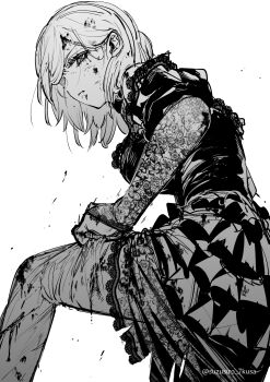 1girl 7kusa_suzushiro adjusting_clothes blood blood_on_face blood_on_leg breasts cowboy_shot dress facial_mark greyscale highres identity_v injury lace lace_sleeves layered_dress leg_up looking_at_viewer looking_back medium_breasts medium_hair monochrome official_alternate_costume pantyhose solo torn_clothes vera_nair vera_nair_(fatal_affection)