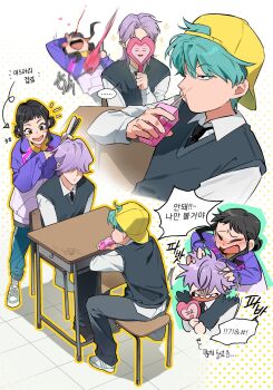 Rule 34 | ..., 1girl, 2boys, baby (kpop demon hunters), backwards hat, baseball cap, black hair, black necktie, blood, blue pants, blush, blush stickers, brown eyes, closed eyes, collared shirt, desk, double bun, drink carton, full body, furrowed brow, grey pants, grey sweater vest, hair between eyes, hair bun, hair over eyes, hand in another's hair, hashtag-only commentary, hat, heart-shaped mirror, highres, holding, holding hair straightener, holding juice box, holding mirror, jacket, jjy249, juice box, korean text, kpop demon hunters, mirror, multiple boys, mystery (kpop demon hunters), necktie, nosebleed, open mouth, pants, parted bangs, purple jacket, school desk, school uniform, sharp teeth, shirt, shirt under sweater, shoes, short hair, sidelocks, sitting, sneakers, sparkle, spoken ellipsis, sweater vest, teeth, tile floor, tiles, yellow hat, zoey (kpop demon hunters)