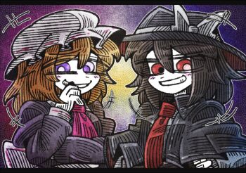 2girls arm_around_waist ascot black_capelet black_hair black_hat black_skirt blonde_hair blush blush_stickers bow capelet collar covering_own_mouth dress grin hat hat_bow laughing long_sleeves looking_at_viewer maribel_hearn medium_hair mob_cap multiple_girls necktie pink_ascot puffy_long_sleeves puffy_sleeves purple_dress purple_eyes red_eyes sash shirt short_hair skirt sleeve_cuffs smile suenari_(peace) touhou usami_renko white_bow white_collar white_hat white_sash white_shirt