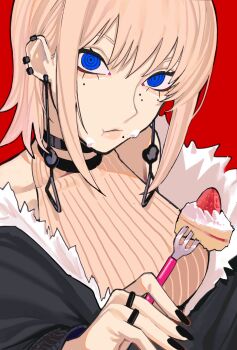 1girl aegyo_sal black_choker black_nails blue_eyes breasts brown_hair cake cake_slice chainsaw_man chewing choker earrings fami_(chainsaw_man) food food_on_face fork fur-trimmed_jacket fur_trim highres holding holding_fork jacket jewelry large_breasts looking_at_viewer mole mole_under_eye mole_under_mouth multiple_moles red_background ring ringed_eyes sailen0 short_hair simple_background solo strawberry_cake tassel tassel_earrings