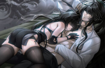 1boy 1girl arm_up bare_shoulders black_dress black_gloves black_hair black_pants black_shorts black_thighhighs breasts closed_eyes closed_mouth commentary dress elbow_pads female_rover_(wuthering_waves) girl_on_top gloves grey_eyes hair_between_eyes hair_ornament hairclip half-closed_eyes hand_on_another&#039;s_chest highres large_breasts long_hair looking_at_another open_clothes open_shirt pants parallel_hairclips qiuyuan_(wuthering_waves) rourou_(been) rover_(wuthering_waves) shirt shorts skindentation sleeping sleeping_on_person thighhighs thighs toned toned_male white_shirt wuthering_waves