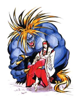 Rule 34 | 1girl, black hair, blonde hair, blue oni, blue skin, colored skin, fangs, gohei, hakama, hakama skirt, headband, holding, japanese clothes, long hair, mera jin, miko, official art, oni, pointy ears, rashoujin mizuki, red hakama, samurai spirits, shide, sitting, sitting on hand, skirt, snk