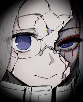 Rule 34 | 1boy, absurdres, aotsuki eito, blood, bloody tears, broken mask, chinese commentary, commentary request, cracked kawaii mask, cracked mask, eyeliner, glasses, glitch, grey hair, highres, jacket, looking at viewer, makeup, male focus, mask, portrait, purple eyes, red eyeliner, short hair, smile, solo, the hundred line -last defense academy-, tiankui0012366, white jacket