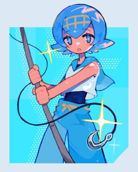 1girl :o blue_eyes blue_hair blue_pants blush blush_stickers bright_pupils commentary_request fishing_rod hairband highres holding holding_fishing_rod hook lana_(pokemon) megane_ryu nintendo open_mouth pants pokemon pokemon_(creature) pokemon_sm shirt short_hair sleeveless sleeveless_shirt solo sparkle standing white_shirt yellow_hairband