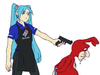1boy 1girl animal_ears apron aqua_eyes aqua_hair black_apron black_pants blue_shirt bodysuit collared_shirt commentary crying crying_with_eyes_open cuffs domino&#039;s_pizza employee_uniform english_commentary execution fake_animal_ears fentanyan frown gun hair_ornament handcuffs handgun hatsune_miku holding holding_weapon imminent_death logo logo_hair_ornament long_hair pants rabbit_ears red_bodysuit serious shirt sidelocks sketch t-shirt tears the_noid vocaloid weapon what white_background wing_collar